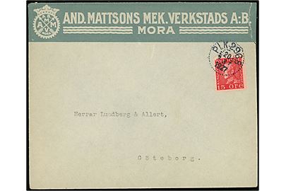 15 öre Gustaf på brev fra Mora annulleret med bureaustempel PLK 296B (= Falun - Kil) d. 20.3.1927 til Göteborg.