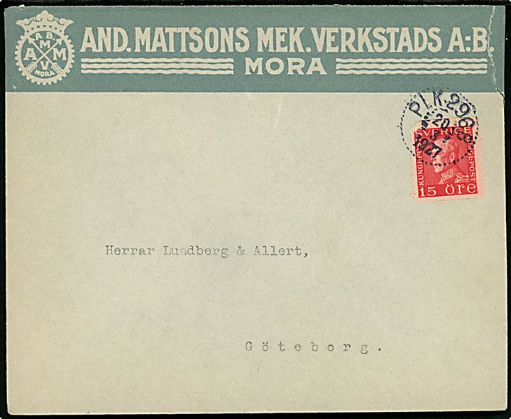 15 öre Gustaf på brev fra Mora annulleret med bureaustempel PLK 296B (= Falun - Kil) d. 20.3.1927 til Göteborg.