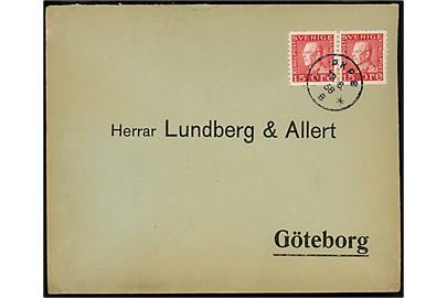 15 öre Gustaf i parstykke på brev annulleret med bureaustempel PKP 8 *B* (= Laxå - Göteborg) d. 19.6.1936 til Göteborg.
