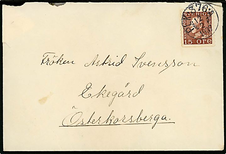 15 öre Gustaf på brev annulleret med bureaustempel PLK 376A (= Falköping - Nässjö) d. 12.2.1937 til Österkorsberga. 