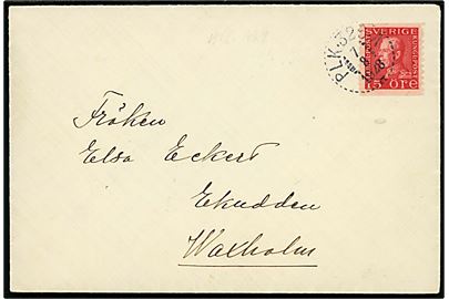 15 öre Gustaf på brev fra Rö annulleret med bureaustempel PLK 326A (= Hallstavik-Rimbo-Stockholm) d. 7.8.1928 til Ekudden, Waxholm.