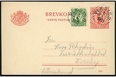 10 öre helsagsbrevkort opfrankeret med 5 öre Gustaf annulleret med bureaustempel PLK 215B (= Hjo - Stenstorp) d. 1.1.19021 til Torsby, Värmland.
