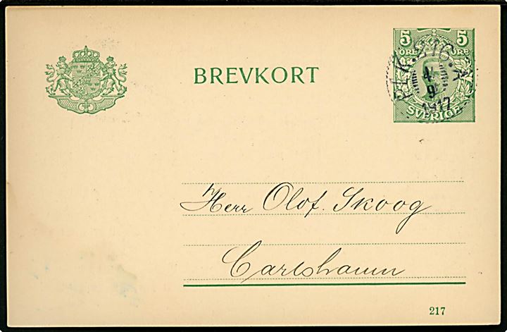 5 öre helsagsbrevkort annulleret med bureaustempel PLK 216A (= Uddevalla - Herrljunga) d. 4.9.1917 til Carlshamn.
