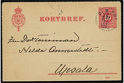 10 øre helsagskorrespondancekort fra Göteborg annulleret med bureaustempel PLK 381 (= Falköping - Göteborg) d. 31.12.1908 til Upsala.