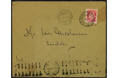 10 øre Posthorn på brev annulleret med sejlende bureaustempel Saltens Posteksp. D d. 9.5.1913 til Tromsø.