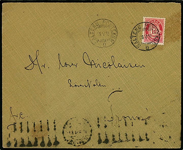 10 øre Posthorn på brev annulleret med sejlende bureaustempel Saltens Posteksp. D d. 9.5.1913 til Tromsø.