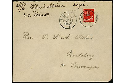 20 øre Løve på brev annulleret med sejlende bureaustempel SOGN I d. 23.6.1933 til Randeberg pr. Stavanger. 
