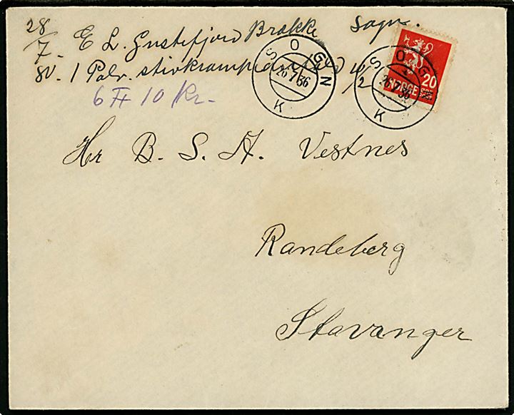 20 øre Løve på brev annulleret med sejlende bureaustempel SOGN K d. 26.7.1936 til Randeberg pr. Stavanger. Bagklap mgl.