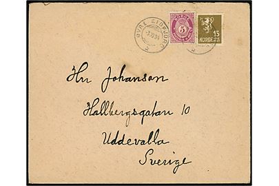 5 øre Posthorn og 15 øre Løve på brev stemplet Øvre Eidfjord d. 3.11.1934 til Uddevalla, Sverige.