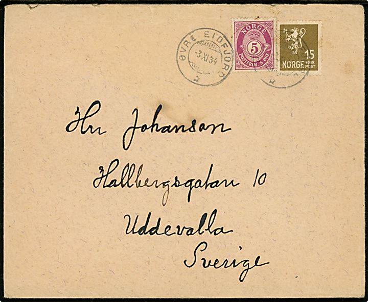 5 øre Posthorn og 15 øre Løve på brev stemplet Øvre Eidfjord d. 3.11.1934 til Uddevalla, Sverige.
