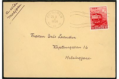 30 øre Jernbanejubilæum single på brev fra Mosjøen d. 25.5.1954 til Helsingfors, Finland.
