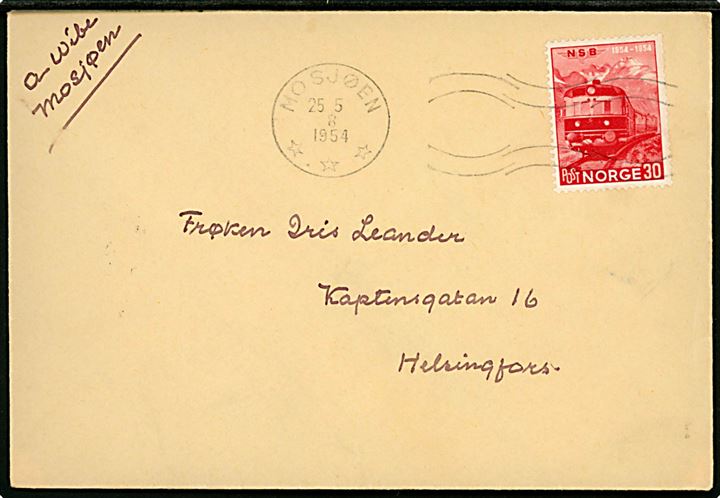 30 øre Jernbanejubilæum single på brev fra Mosjøen d. 25.5.1954 til Helsingfors, Finland.