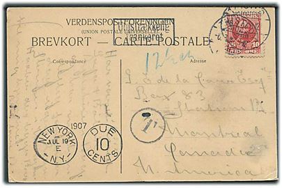 10 øre Fr. VIII på underfrankeret brevkort fra Thisted d. 6.3.1907 via New York til Montreal, Canada. Rammestempel: Utilstrækkelig frankeret og amerikansk portostempel New York Due 10 Cents.