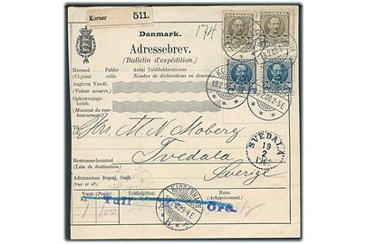 20 øre (par) og 25 øre (par) Fr. VIII på 90 øre frankeret internationalt adressekort for pakke fra Korsør d. 18.2.1908 via Kjøbenhavn til Svedala, Sverige.
