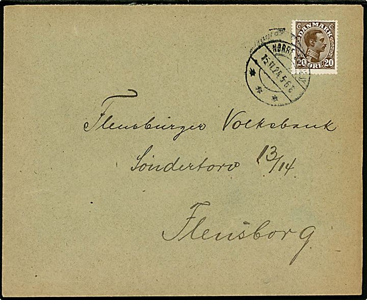 20 øre Chr. X på GRÆNSEPORTO frankeret brev fra Krusaa Toldsted annulleret med brotype IIb Nørre Smedeby d. 15.11.1924 til Flensburg, Tyskland.