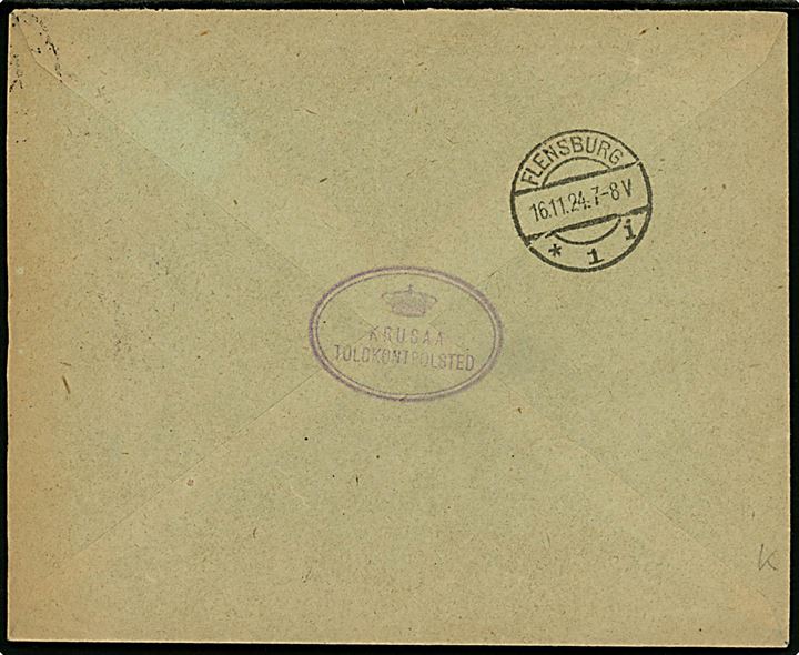 20 øre Chr. X på GRÆNSEPORTO frankeret brev fra Krusaa Toldsted annulleret med brotype IIb Nørre Smedeby d. 15.11.1924 til Flensburg, Tyskland.