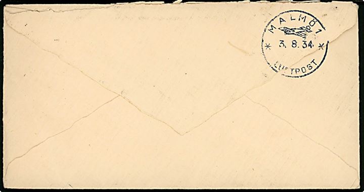 ½d (4) og 1d (2) George V på luftpostbrev fra Whitby d. 2.8.1934 via Malmö 1 Luftpost d. 3.8.1934 til Uddeholm, Sverige.