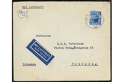 50/60 pfg. Provisorium single på luftpostbrev fra Bautzen d. 23.12.1954 til Nyköping, Sverige.