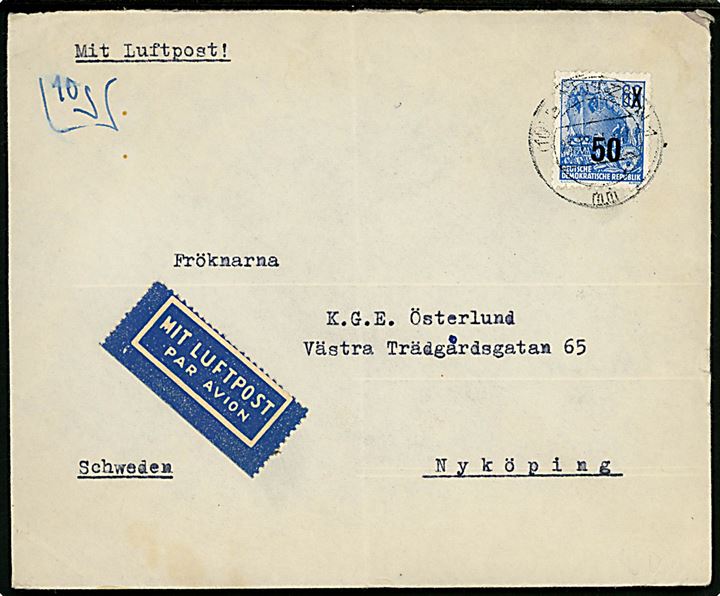 50/60 pfg. Provisorium single på luftpostbrev fra Bautzen d. 23.12.1954 til Nyköping, Sverige.