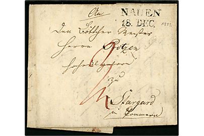1821. Portobrev med fuldt indhold og stempel NAUEN 18. DEC. (1821) til Stargard im Pommern.