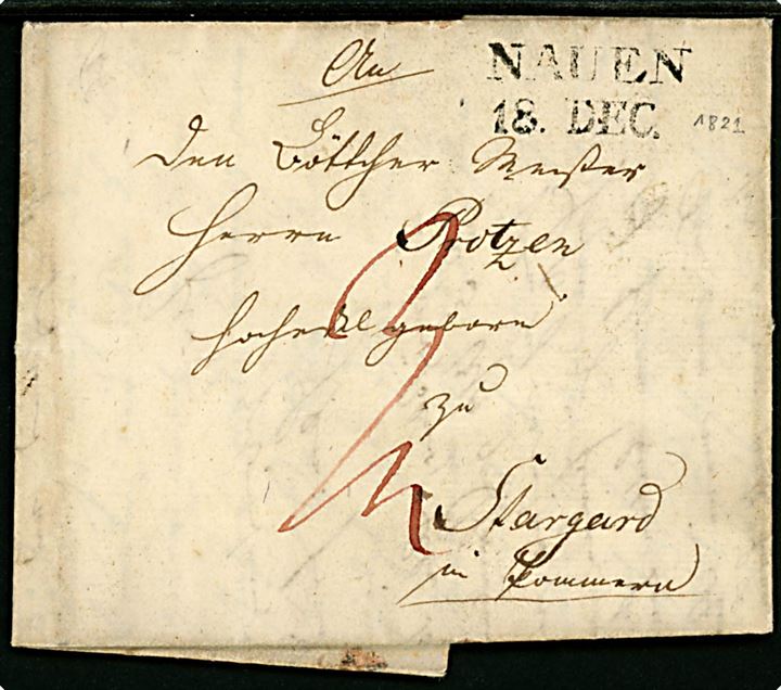 1821. Portobrev med fuldt indhold og stempel NAUEN 18. DEC. (1821) til Stargard im Pommern.