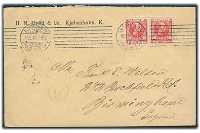 10 øre Chr. IX i parstykke på brev fra Kjøbenhavn d. 19.5.1906 til Birmingham, England.