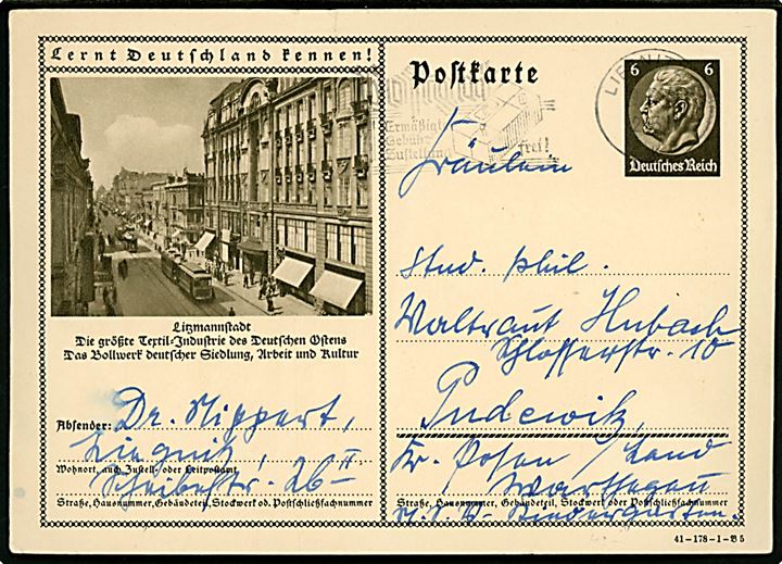 6 pfg. Hindenburg illustreret helsagsbrevkort Lernt Deutschland kennen! Litzmannstadt med sporvogn fra Liegnitz 1941 til Pudewitz.