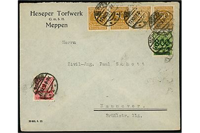 50.000 mk. (24), 5 mio. mk. og 800.000/500 mk. Provisorium på for- og bagside af 7 mio. mk. frankeret inflabrev fra Meppen d. 17.10.1923 til Hannover.