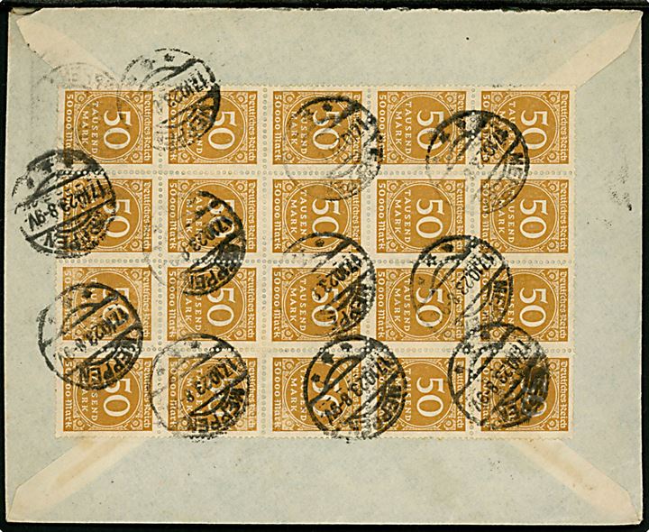 50.000 mk. (24), 5 mio. mk. og 800.000/500 mk. Provisorium på for- og bagside af 7 mio. mk. frankeret inflabrev fra Meppen d. 17.10.1923 til Hannover.