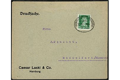 5 pfg. v. Schiller single på tryksag fra Hamburg annulleret med ovalt bureaustempel Hamburg - Flensburg Bahnpost Zug 39 d. 5.7.1927 til Middelfart, Danmark.