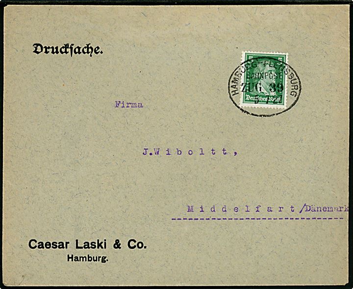 5 pfg. v. Schiller single på tryksag fra Hamburg annulleret med ovalt bureaustempel Hamburg - Flensburg Bahnpost Zug 39 d. 5.7.1927 til Middelfart, Danmark.