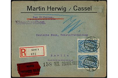 2000 mk. Ciffer i parstykke på anbefalet ekspresbrev fra Cassel d. 22.8.1923 til Berlin.