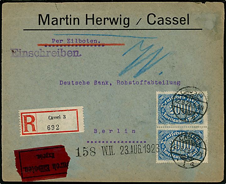 2000 mk. Ciffer i parstykke på anbefalet ekspresbrev fra Cassel d. 22.8.1923 til Berlin.