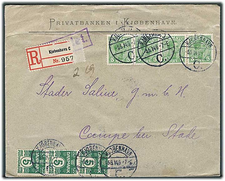 5 øre Bølgelinie (3) og 5 øre Chr. X (4) på 35 øre frankeret anbefalet brev fra Kjøbenhavn C. d. 5.5.1914 til Campe pr. Stade, Tyskland.