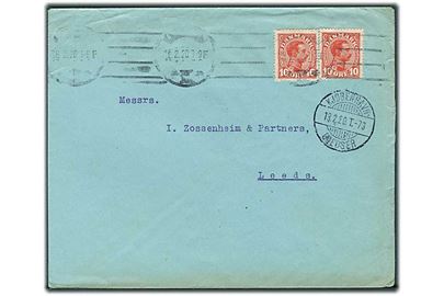 10 øre Chr. X (2) på brev fra Kjøbenhavn d. 18.2.1920 via bureau Kjøbenhavn - Gjedser T.73 til Leeds, England.