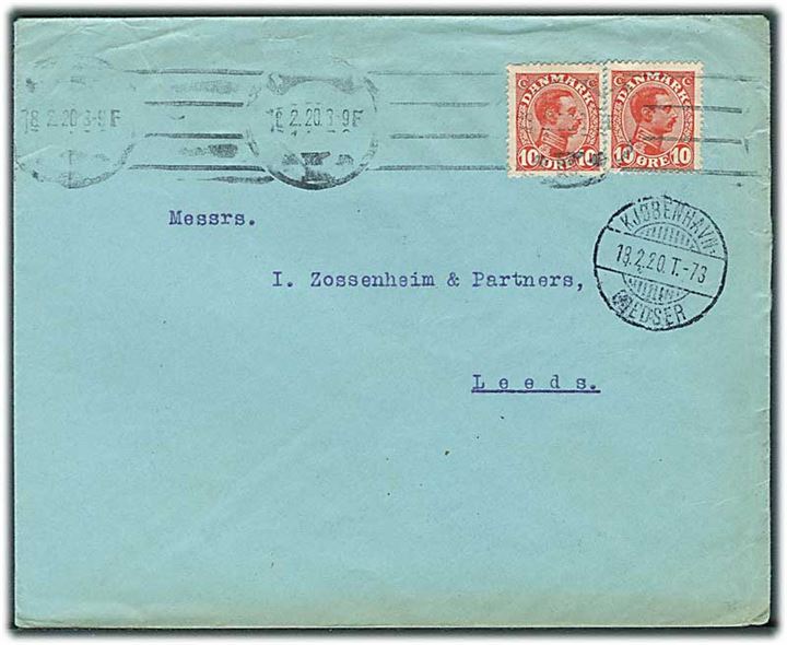 10 øre Chr. X (2) på brev fra Kjøbenhavn d. 18.2.1920 via bureau Kjøbenhavn - Gjedser T.73 til Leeds, England.