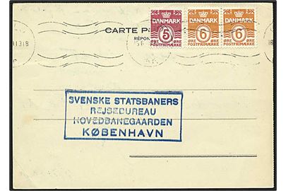 5 øre vinrød og 6 øre orange bølgelinie på kort fra Oslo d. 18.6.1949 til København.