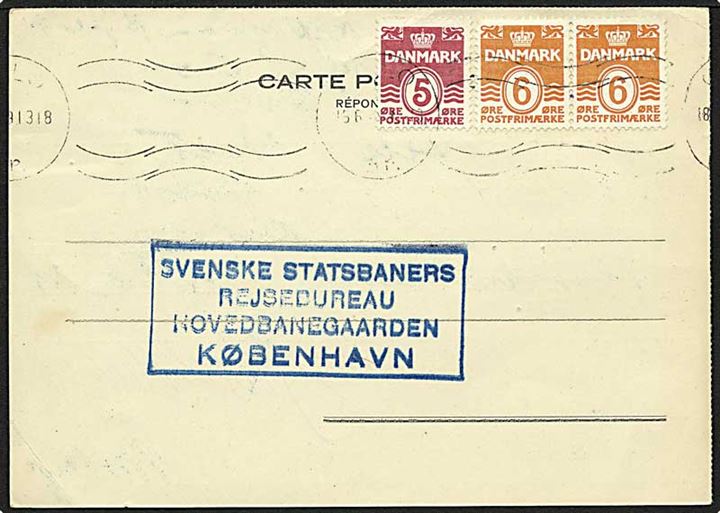 5 øre vinrød og 6 øre orange bølgelinie på kort fra Oslo d. 18.6.1949 til København.