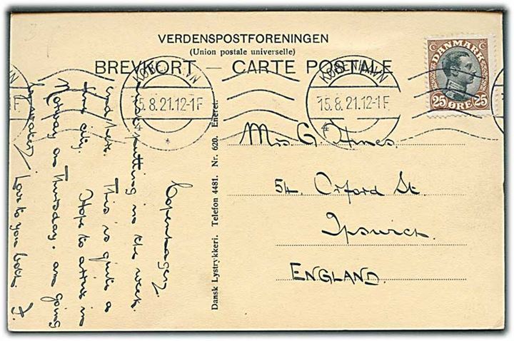 25 øre Chr. X single på brevkort fra Kjøbenhavn d. 15.8.1921 til Ipswich, England.