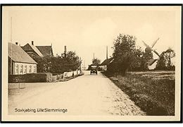 Lille Slemminge ved Saxkjøbing med mølle og automobil. Stenders no. 64537.