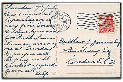 15 øre Karavel på brevkort annulleret med neutral maskinstempel København 5. d. 8.8.1927 til London, England. Klokkeslæt indsat omvendt i stemplet.