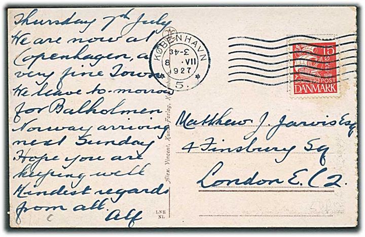15 øre Karavel på brevkort annulleret med neutral maskinstempel København 5. d. 8.8.1927 til London, England. Klokkeslæt indsat omvendt i stemplet.