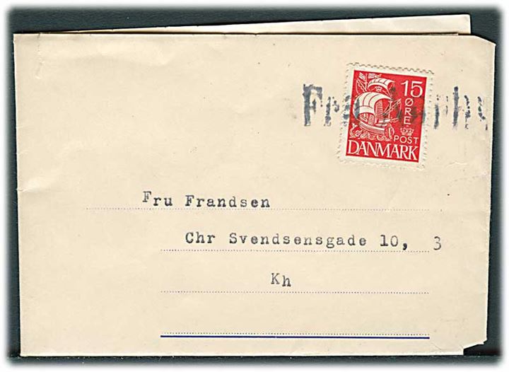 15 øre Karavel på DFDS Radiobrev formular dateret d. 26.9.1933 annulleret med skibsstempel Fra Aarhus til København. Meddelelse fra S/S Frederik 8 via provinsbåden M/S C.F.Tietgen.