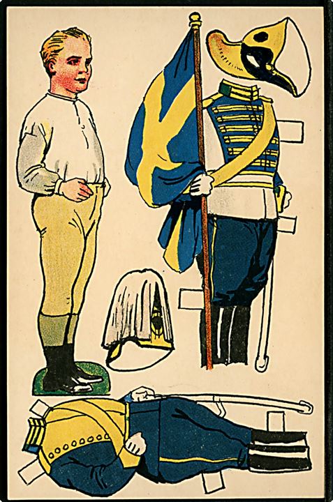 Osvald Jensen: Påklædningsdukke med svenske uniformer. A. Vincent serie 396/2.