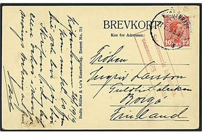 10 øre rød Chr. X på postkort fra København d. 26.1.1919 til Finland. Finsk censur.