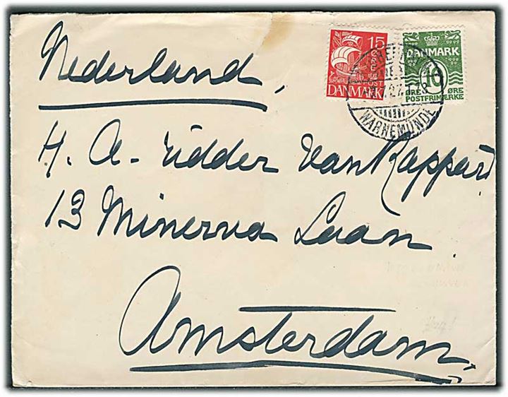 10 øre Bølgelinie og 15 øre Karavel på brev annulleret med bureaustempel Kjøbenhavn - Warnemünde T.73 d. 7.7.1927 til Amsterdam, Holland.