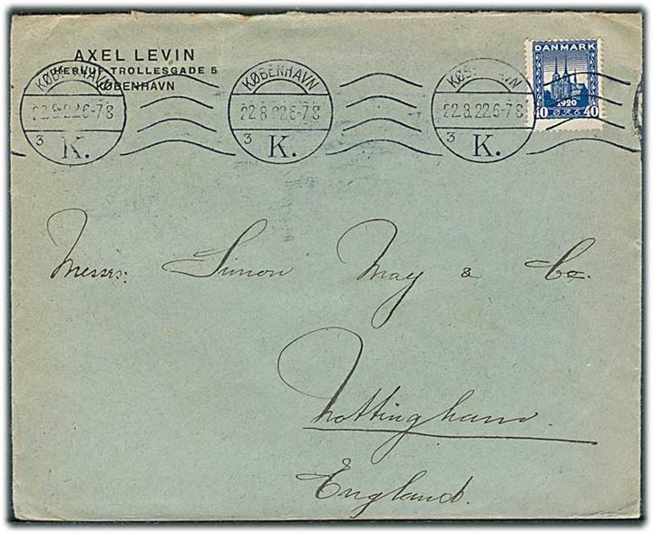 40 øre Genforening single på brev fra København d. 22.8.1922 til Nottingham, England.