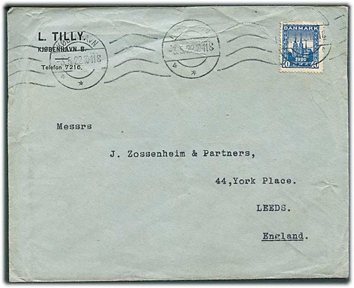 40 øre Genforening single på brev fra København d. 3.5.1922 til Leeds, England.