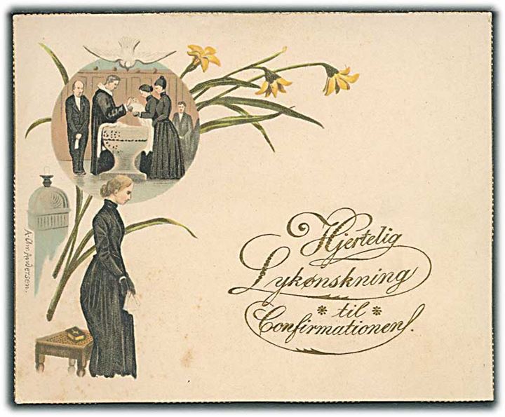 Hjertelig Lykønskning til Confirmationen. A. Chr. Andersen. 9 Oktober 1892. Guldkant hele vejen rundt. 11,1 x 9 cm. 