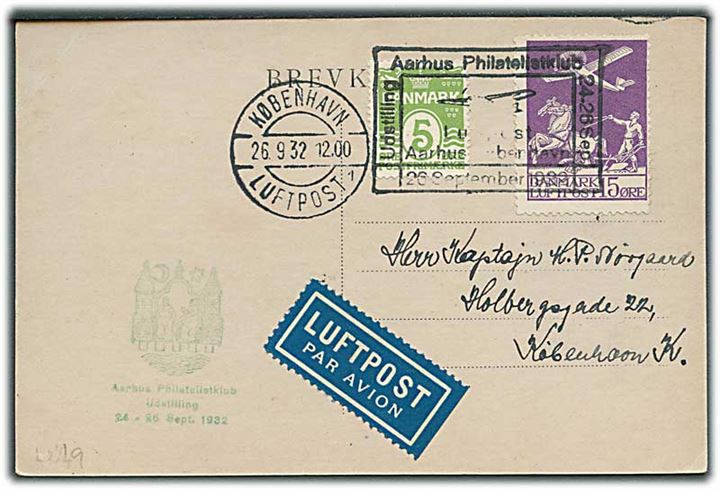 5 øre Bølgelinie og 15 øre Luftpost på luftpost brevkort annulleret med særstempel Aarhus Philatelistklub Luftpost Aarhus - København d. 26.9.1932 til København.